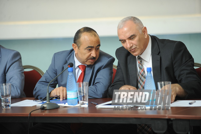 Conference of State NGO Support Council under the Azerbaijani President on annual report, Head of the State NGO Support Council under the Azerbaijani President Azay Guliyev, Presidential Administration Socio-political Department Head Ali Hasanov, Baku, Azerbaijan, June 25, 2010
 
