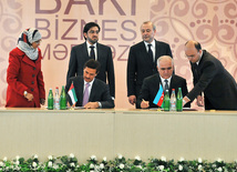 Azerbaijan and the UAE signed a protocol following the third session of the intergovernmental commission on economic, trade and technical cooperation between the two countries, UAE Economy Minister Sultan Bin Saeed Al Mansouri, Economic Development Minister Shahin Mustafayev, Baku, Azerbaijan, May 3, 2011