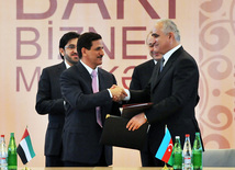 Azerbaijan and the UAE signed a protocol following the third session of the intergovernmental commission on economic, trade and technical cooperation between the two countries, UAE Economy Minister Sultan Bin Saeed Al Mansouri, Economic Development Minister Shahin Mustafayev, Baku, Azerbaijan, May 3, 2011