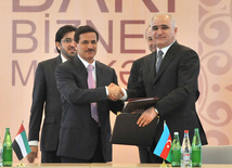 Azerbaijan and the UAE signed a protocol following the third session of the intergovernmental commission on economic, trade and technical cooperation between the two countries, UAE Economy Minister Sultan Bin Saeed Al Mansouri, Economic Development Minister Shahin Mustafayev, Baku, Azerbaijan, May 3, 2011