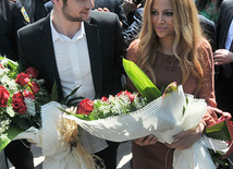 Eurovision-2011 Winners Eldar Gasimov and Nigar Jamal laid flowers at monument to National Leader Heydar Aliyev, Baku, Azerbaijan, May 16, 2011
