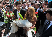 Eurovision-2011 Winners Eldar Gasimov and Nigar Jamal laid flowers at monument to National Leader Heydar Aliyev, Baku, Azerbaijan, May 16, 2011
