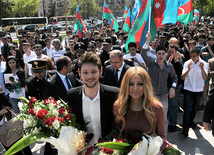 Eurovision-2011 Winners Eldar Gasimov and Nigar Jamal laid flowers at monument to National Leader Heydar Aliyev, Baku, Azerbaijan, May 16, 2011
