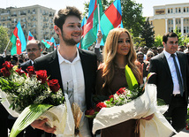 Eurovision-2011 Winners Eldar Gasimov and Nigar Jamal laid flowers at monument to National Leader Heydar Aliyev, Baku, Azerbaijan, May 16, 2011
