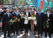 Eurovision-2011 Winners Eldar Gasimov and Nigar Jamal laid flowers at monument to National Leader Heydar Aliyev, Baku, Azerbaijan, May 16, 2011
