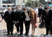 Eurovision-2011 Winners Eldar Gasimov and Nigar Jamal laid flowers at monument to National Leader Heydar Aliyev, Baku, Azerbaijan, May 16, 2011
