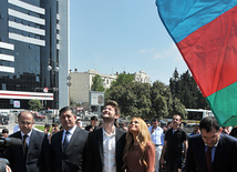 Eurovision-2011 Winners Eldar Gasimov and Nigar Jamal laid flowers at monument to National Leader Heydar Aliyev, Baku, Azerbaijan, May 16, 2011
