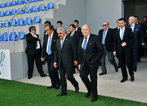 В Баку с участием президентов ФИФА и УЕФА открылся новый стадион, президенты ФИФА, УЕФА и АФФА Йозеф Блаттер, Мишель Платини и Ровнаг Абдуллаев, Баку, Азербайджан, 06 июня 2011 г.