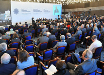 The Forum participants discuss the philosophical and humanitarian aspects of response to challenges concerning humanity at the present stage of development. Baku, Azerbaijan, Okt.10, 2011 