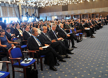 The Forum participants discuss the philosophical and humanitarian aspects of response to challenges concerning humanity at the present stage of development. Baku, Azerbaijan, Okt.10, 2011 