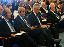 The Forum participants discuss the philosophical and humanitarian aspects of response to challenges concerning humanity at the present stage of development. Baku, Azerbaijan, Okt.10, 2011 