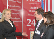 During the visit to the Exhibition Clinton familiarized herself with the stand of the American Chamber of Commerce in Azerbaijan. Baku, Azerbaijan, June 06, 2012