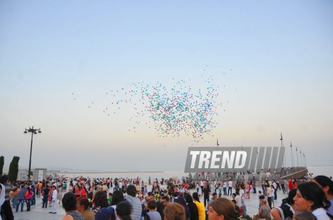 A concert and fireworks on the anniversary of Heydar Aliyev's coming to power in Azerbaijan. Baku, Azerbaijan, July 14, 2012