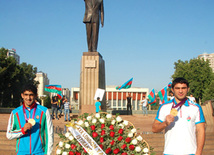 Olympic champion on wrestling Sharif Sharifov and Toghrul Asgerov. Baku, Azerbaijan, Aug.15, 2012