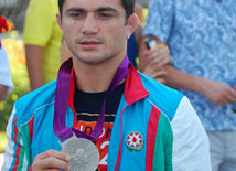 Rovshan Bayramov won silver medal in Greco-Roman wrestling. Baku, Azerbaijan, Aug.15, 2012