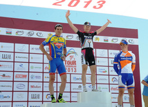 The winner of the first stage of the cycling race, member of the Azerbaijani team Christophe Schweizer. Maxim Averin from "Atlas" finished the second and Martin van Treyp from "Rabobank" was third. Baku, Azerbaijan, May 01, 2013