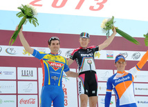 The winner of the first stage of the cycling race, member of the Azerbaijani team Christophe Schweizer. Maxim Averin from "Atlas" finished the second and Martin van Treyp from "Rabobank" was third. Baku, Azerbaijan, May 01, 2013