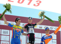 The winner of the first stage of the cycling race, member of the Azerbaijani team Christophe Schweizer. Maxim Averin from "Atlas" finished the second and Martin van Treyp from "Rabobank" was third. Baku, Azerbaijan, May 01, 2013