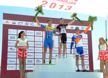 The winner of the first stage of the cycling race, member of the Azerbaijani team Christophe Schweizer. Maxim Averin from "Atlas" finished the second and Martin van Treyp from "Rabobank" was third. Baku, Azerbaijan, May 01, 2013