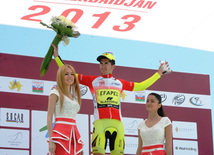 The winner of the first stage of the cycling race, member of the Azerbaijani team Christophe Schweizer. Maxim Averin from "Atlas" finished the second and Martin van Treyp from "Rabobank" was third. Baku, Azerbaijan, May 01, 2013