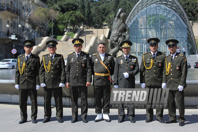 Military parade held in Baku downtown in relation with 90th anniversary of national leader Heydar Aliyev. Baku, Azerbaijan, May 10, 2013