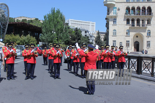 Military parade held in Baku downtown in relation with 90th anniversary of national leader Heydar Aliyev. Baku, Azerbaijan, May 10, 2013