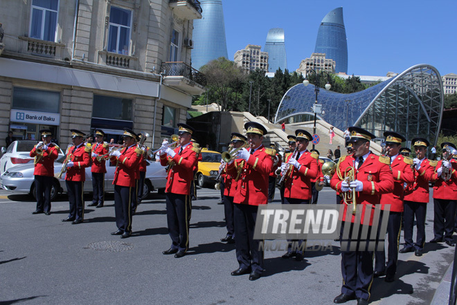 Military parade held in Baku downtown in relation with 90th anniversary of national leader Heydar Aliyev. Baku, Azerbaijan, May 10, 2013