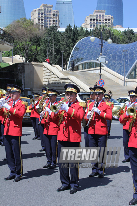 Military parade held in Baku downtown in relation with 90th anniversary of national leader Heydar Aliyev. Baku, Azerbaijan, May 10, 2013