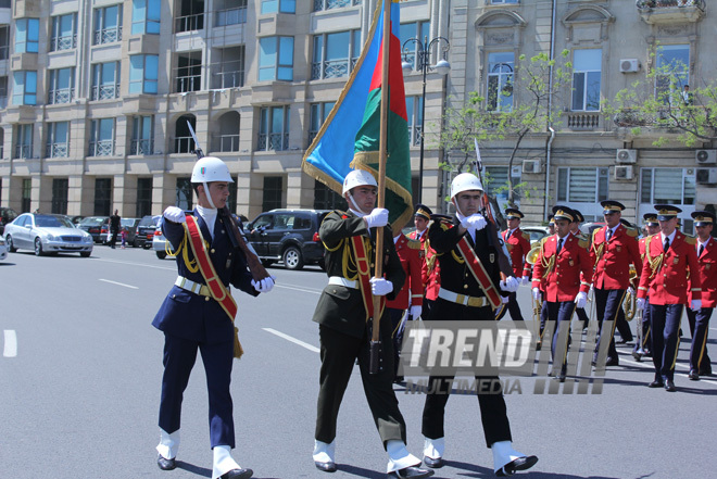 Military parade held in Baku downtown in relation with 90th anniversary of national leader Heydar Aliyev. Baku, Azerbaijan, May 10, 2013