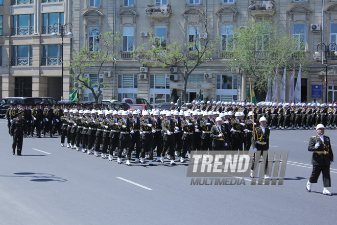 Military parade held in Baku downtown in relation with 90th anniversary of national leader Heydar Aliyev. Baku, Azerbaijan, May 10, 2013