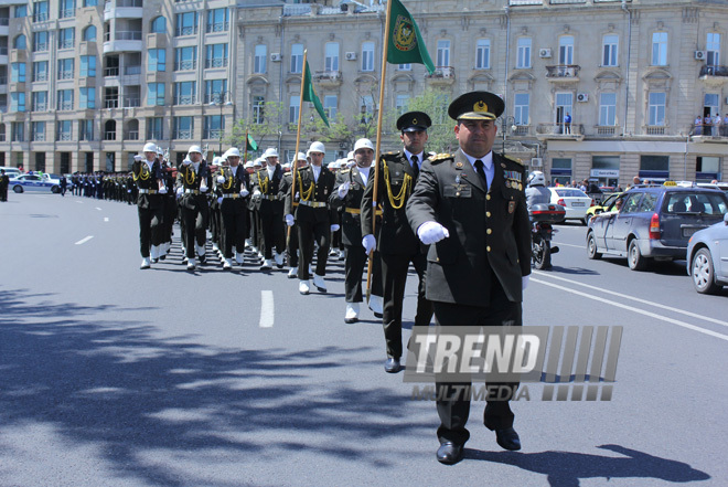 Military parade held in Baku downtown in relation with 90th anniversary of national leader Heydar Aliyev. Baku, Azerbaijan, May 10, 2013