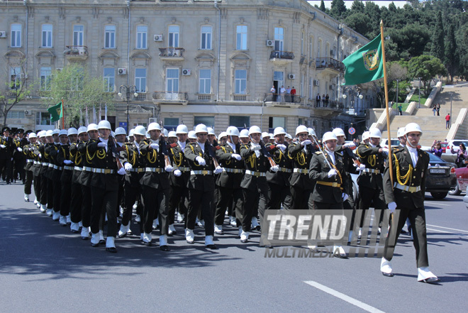 Military parade held in Baku downtown in relation with 90th anniversary of national leader Heydar Aliyev. Baku, Azerbaijan, May 10, 2013