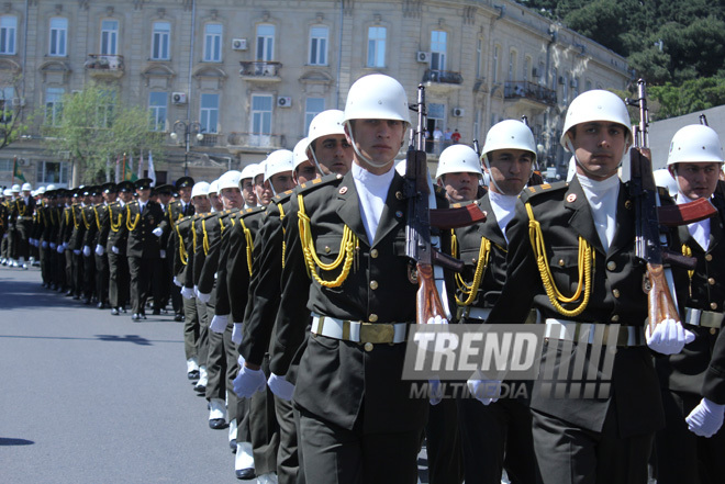 Military parade held in Baku downtown in relation with 90th anniversary of national leader Heydar Aliyev. Baku, Azerbaijan, May 10, 2013