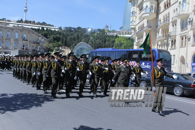 Military parade held in Baku downtown in relation with 90th anniversary of national leader Heydar Aliyev. Baku, Azerbaijan, May 10, 2013