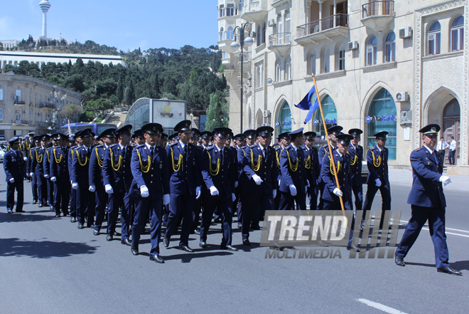 Military parade held in Baku downtown in relation with 90th anniversary of national leader Heydar Aliyev. Baku, Azerbaijan, May 10, 2013