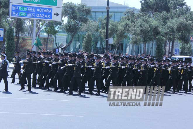 Military parade held in Baku downtown in relation with 90th anniversary of national leader Heydar Aliyev. Baku, Azerbaijan, May 10, 2013