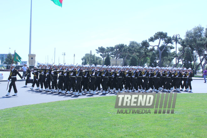 Military parade held in Baku downtown in relation with 90th anniversary of national leader Heydar Aliyev. Baku, Azerbaijan, May 10, 2013