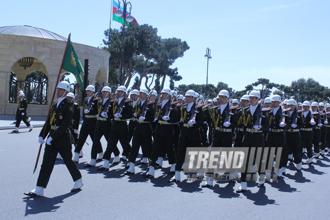 Military parade held in Baku downtown in relation with 90th anniversary of national leader Heydar Aliyev. Baku, Azerbaijan, May 10, 2013