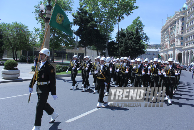 Military parade held in Baku downtown in relation with 90th anniversary of national leader Heydar Aliyev. Baku, Azerbaijan, May 10, 2013