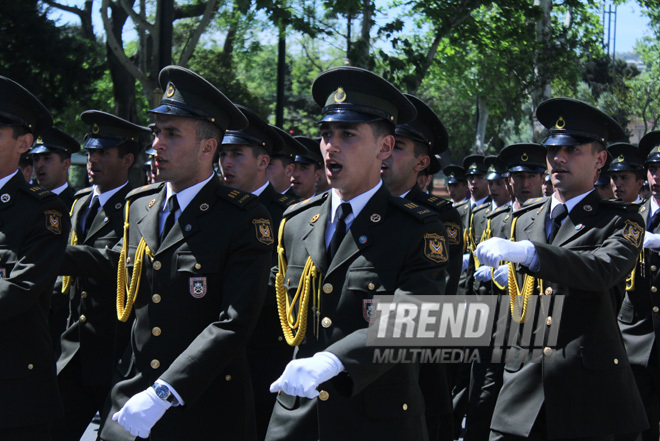 Military parade held in Baku downtown in relation with 90th anniversary of national leader Heydar Aliyev. Baku, Azerbaijan, May 10, 2013