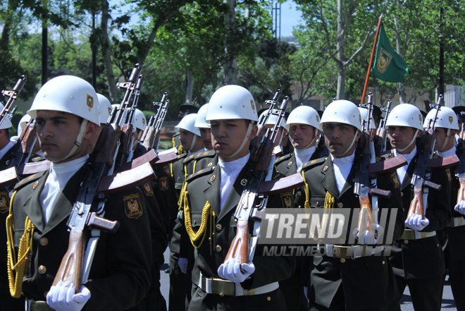 Military parade held in Baku downtown in relation with 90th anniversary of national leader Heydar Aliyev. Baku, Azerbaijan, May 10, 2013