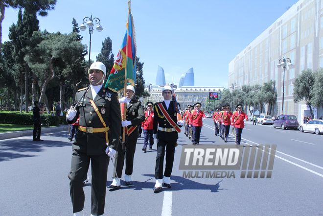 Military parade held in Baku downtown in relation with 90th anniversary of national leader Heydar Aliyev. Baku, Azerbaijan, May 10, 2013