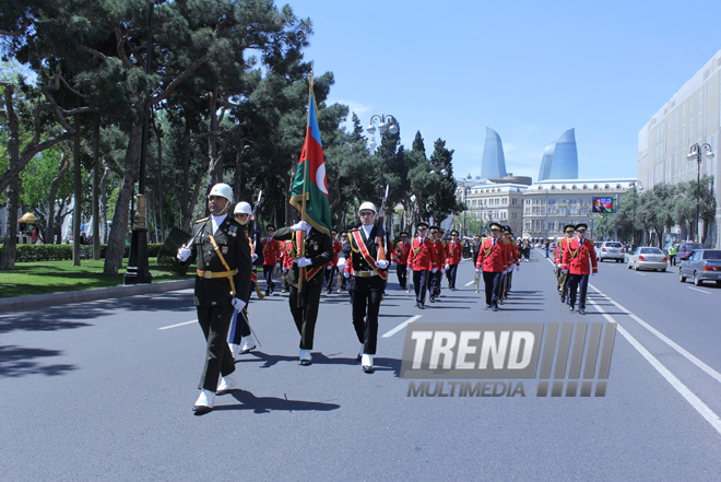 Military parade held in Baku downtown in relation with 90th anniversary of national leader Heydar Aliyev. Baku, Azerbaijan, May 10, 2013