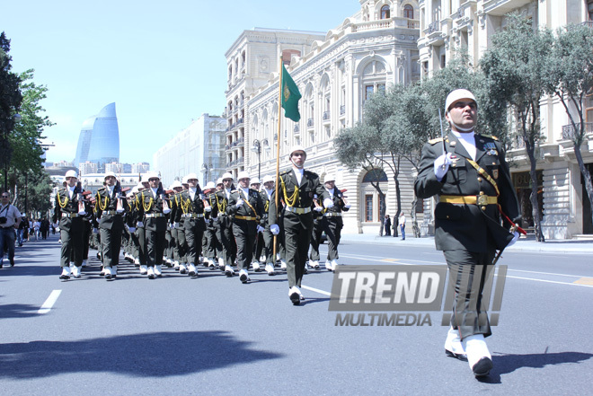 Military parade held in Baku downtown in relation with 90th anniversary of national leader Heydar Aliyev. Baku, Azerbaijan, May 10, 2013