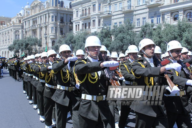 Military parade held in Baku downtown in relation with 90th anniversary of national leader Heydar Aliyev. Baku, Azerbaijan, May 10, 2013