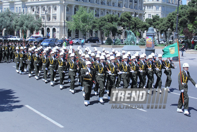 Military parade held in Baku downtown in relation with 90th anniversary of national leader Heydar Aliyev. Baku, Azerbaijan, May 10, 2013