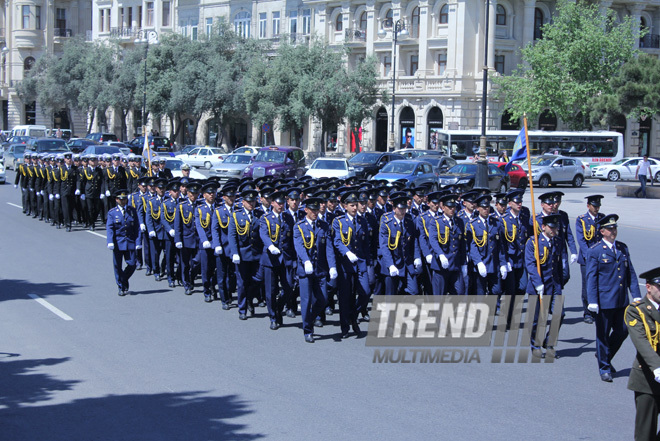 Military parade held in Baku downtown in relation with 90th anniversary of national leader Heydar Aliyev. Baku, Azerbaijan, May 10, 2013