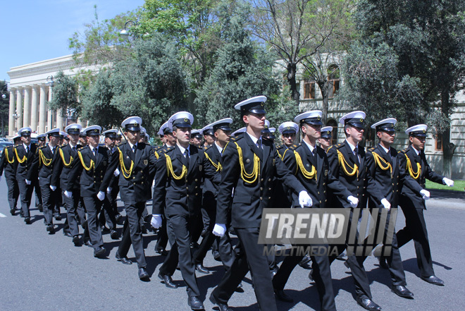 Military parade held in Baku downtown in relation with 90th anniversary of national leader Heydar Aliyev. Baku, Azerbaijan, May 10, 2013