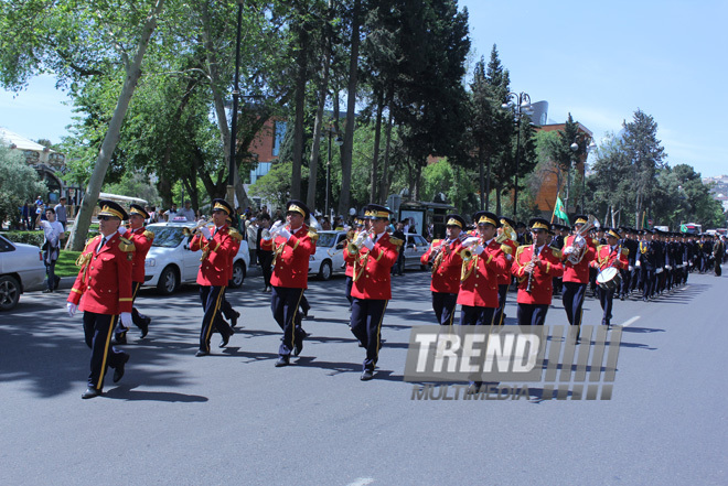 Military parade held in Baku downtown in relation with 90th anniversary of national leader Heydar Aliyev. Baku, Azerbaijan, May 10, 2013