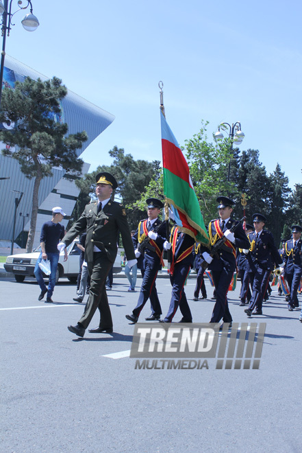 Military parade held in Baku downtown in relation with 90th anniversary of national leader Heydar Aliyev. Baku, Azerbaijan, May 10, 2013